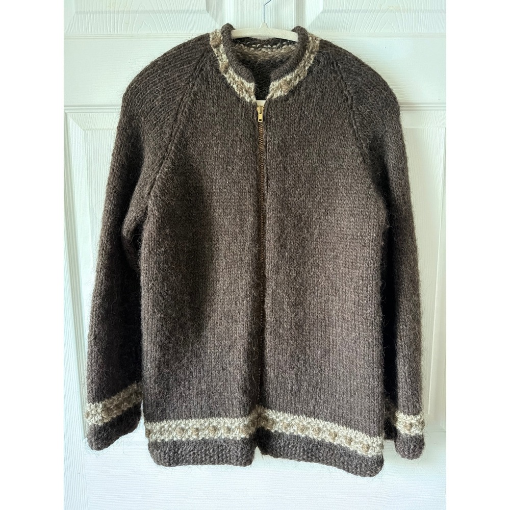 Vintage Wool Zip Up Cardigan Sweater Women Medium Brown Knit Mock Neck Talon